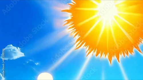 Sunny background, sun with lens flare on blue sky, hot weather concept, summer background illustration