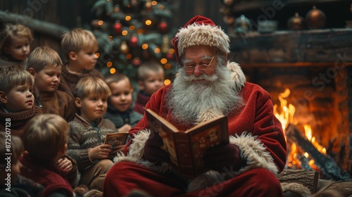 Santa Claus Reading to Children by the Fireplace Generative AI © studio clever