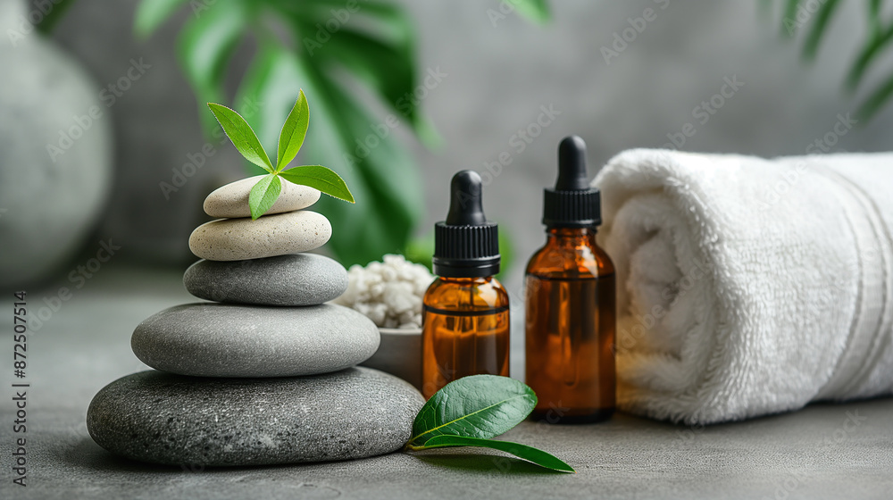 Spa composition with stacked stones and essential oil bottles creating relaxing atmosphere Spa composition with stacked stones and essential oil bottles creating relaxing atmosphere