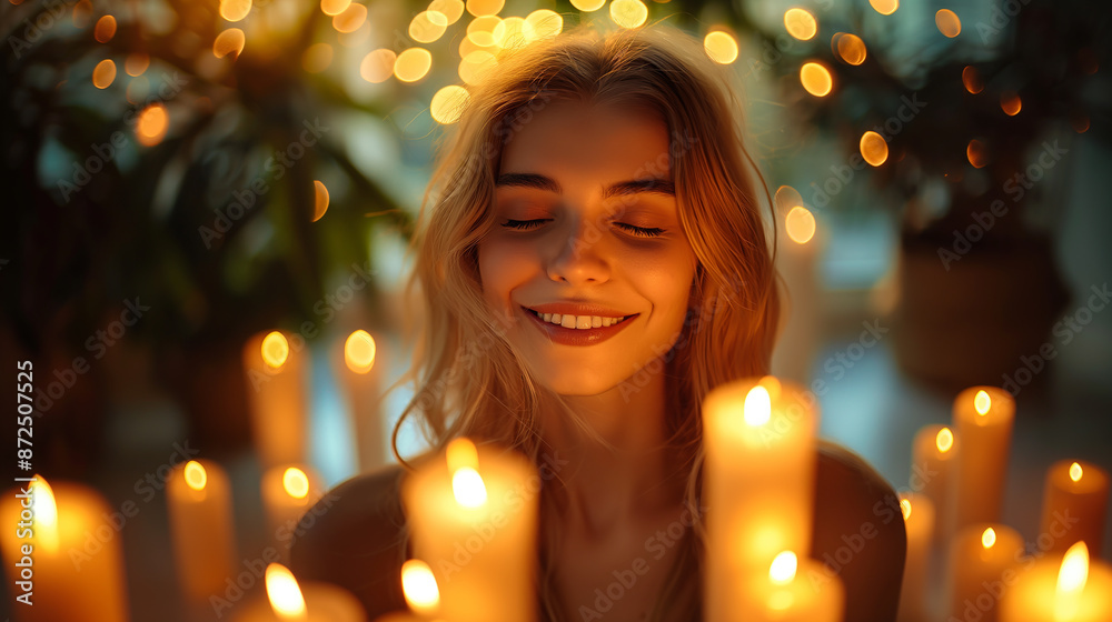 Young woman surrounded by candles smiling with eyes closed and fairy lights in background Young woman surrounded by candles smiling with eyes closed and fairy lights in background