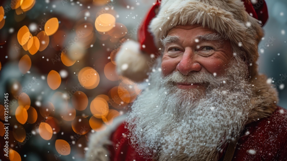 Cheerful Santa Claus with Snowy Beard and Festive Bokeh Lights - Generative AI Cheerful Santa Claus with Snowy Beard and Festive Bokeh Lights - Generative AI