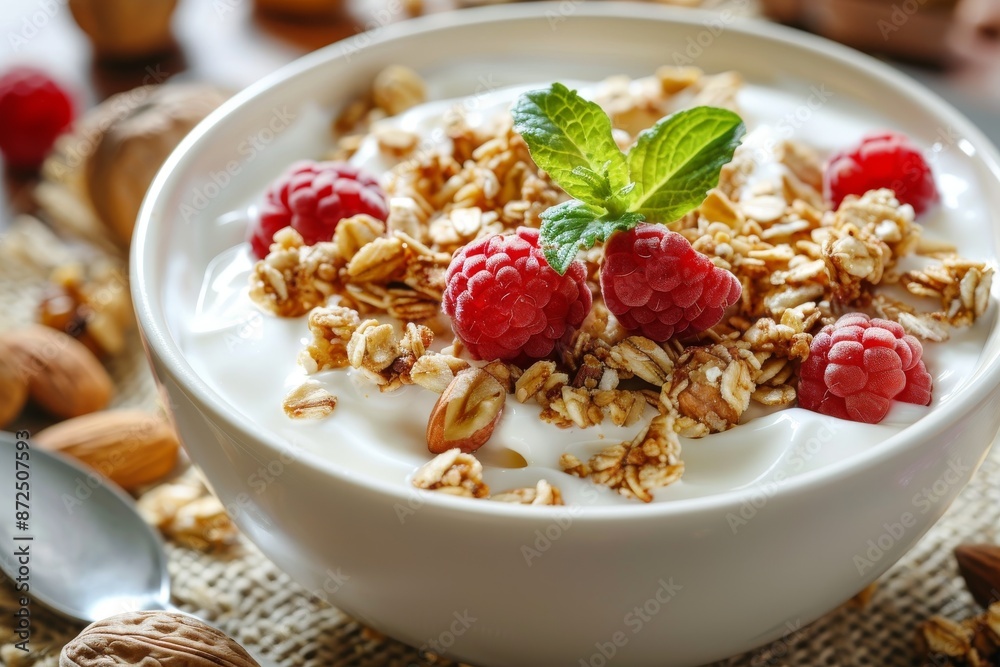 Delicious and Healthy Breakfast with Yogurt, Granola, and Raspberries Delicious and Healthy Breakfast with Yogurt, Granola, and Raspberries