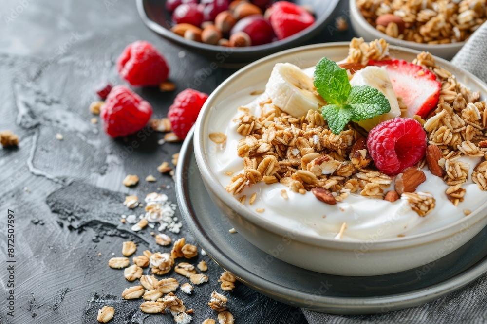 Delicious Yogurt Parfait with Granola, Banana, and Strawberries Delicious Yogurt Parfait with Granola, Banana, and Strawberries