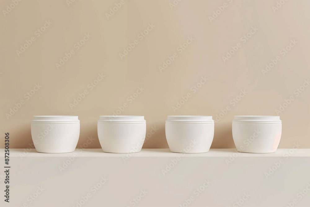 Four white ceramic pots are lined up on a shelf. The pots are all the same size and shape, and they are all white. The shelf is made of wood and is located in a room with a beige wall Four white ceramic pots are lined up on a shelf. The pots are all the same size and shape, and they are all white. The shelf is made of wood and is located in a room with a beige wall