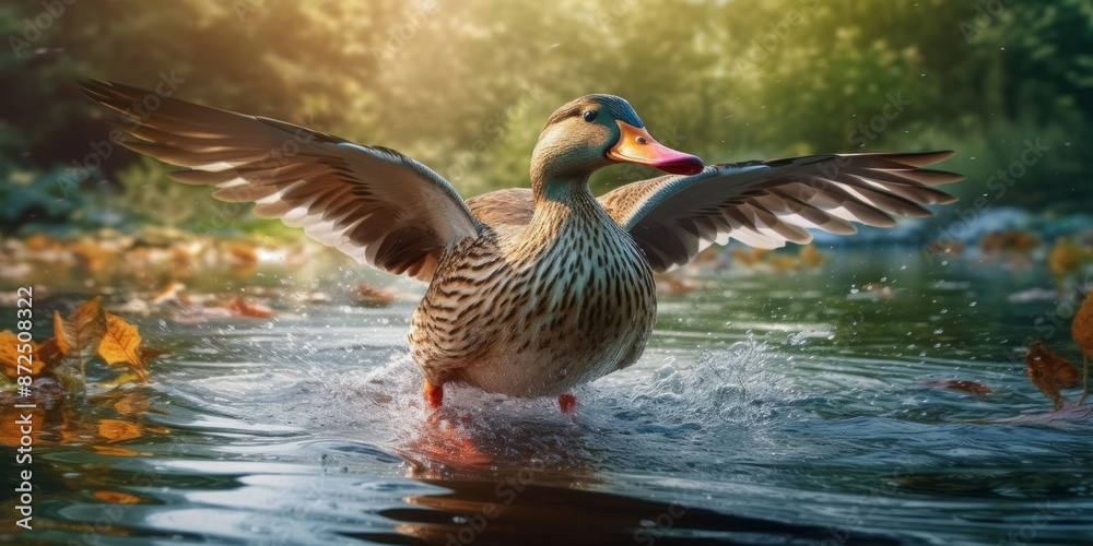 Wild duck flying in the lake,generated with AI. High quality photo Wild duck flying in the lake,generated with AI. High quality photo