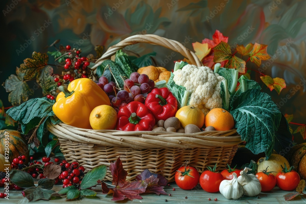 Colorful Harvest Basket with Fresh Vegetables and Fruits on Display Colorful Harvest Basket with Fresh Vegetables and Fruits on Display