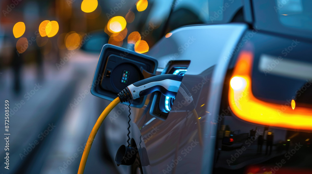 Electric Car Charging at Night in City Street with Glowing Lights and Modern Technology