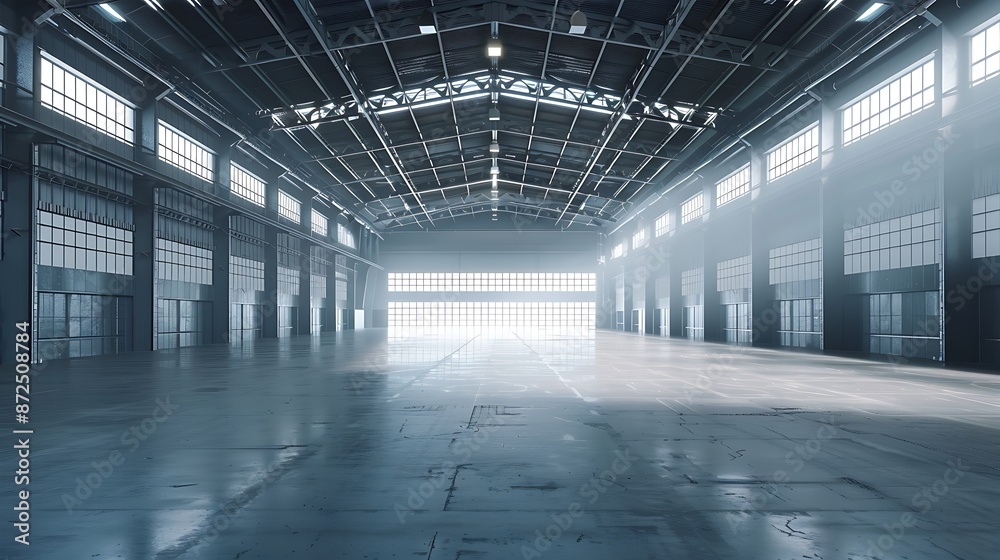 A large empty warehouse with high ceilings and metal beams, with concrete floors and bright white lighting. The background is a light to dark gray gradient, creating an atmosphere of spaciousness and A large empty warehouse with high ceilings and metal beams, with concrete floors and bright white lighting. The background is a light to dark gray gradient, creating an atmosphere of spaciousness and