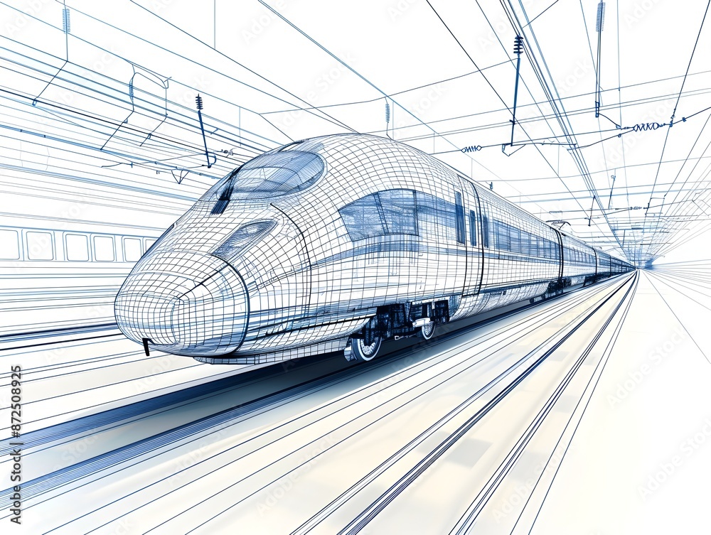 Futuristic High Speed Train Blueprint Schematic on Minimal White Background Futuristic High Speed Train Blueprint Schematic on Minimal White Background