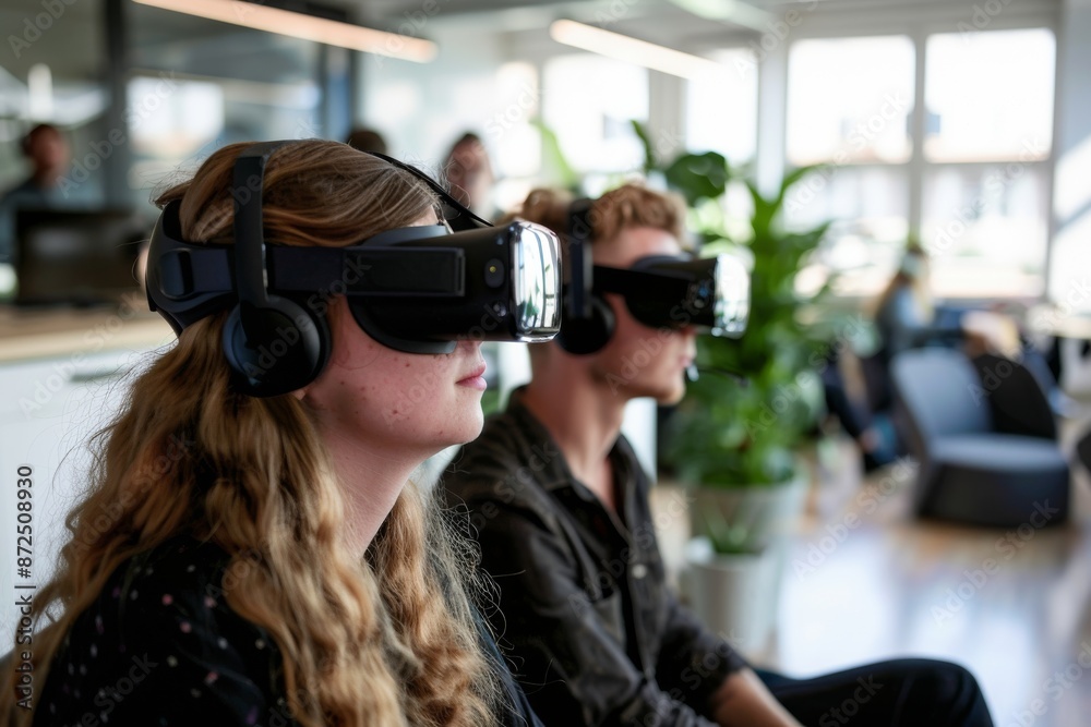 Two People Experiencing Virtual Reality in a Modern Office Setting