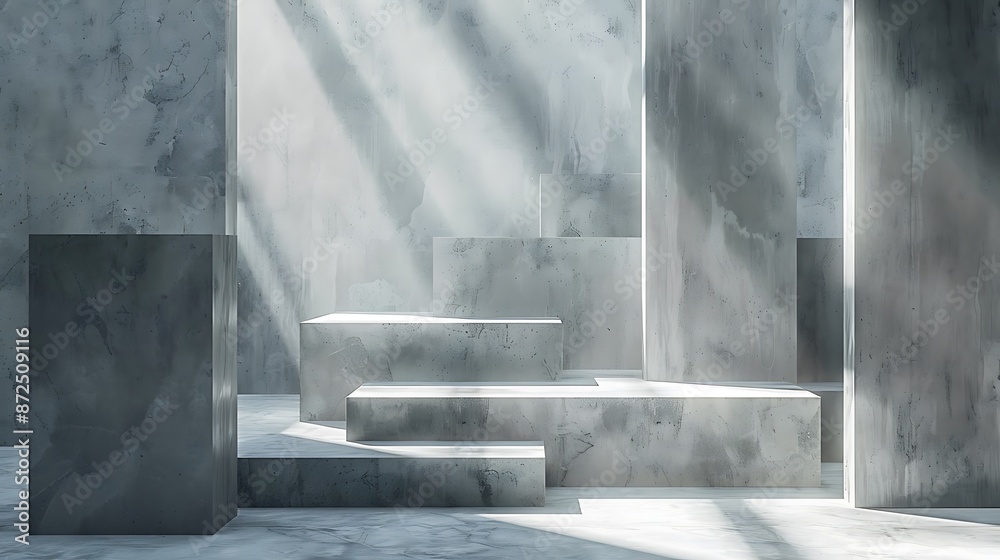 Abstract background with geometric shapes and cubes in gray color, creating an atmosphere of minimalism. The composition is illuminated by soft light rays that create the effect of three-dimensional Abstract background with geometric shapes and cubes in gray color, creating an atmosphere of minimalism. The composition is illuminated by soft light rays that create the effect of three-dimensional