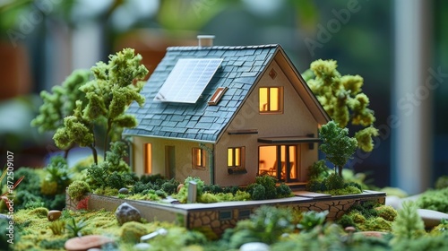 A small model house with a green roof and a garden in front of it. The house is lit up and has a cozy, welcoming atmosphere