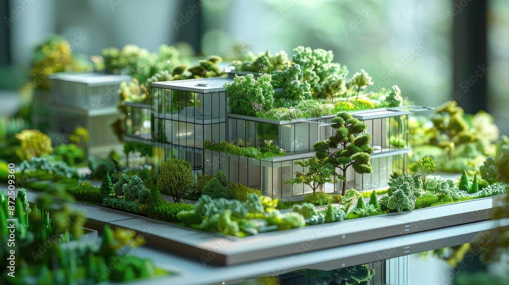 Model of a city with a green roof and lots of trees. The buildings are made of glass and the city is designed to be eco-friendly Model of a city with a green roof and lots of trees. The buildings are made of glass and the city is designed to be eco-friendly