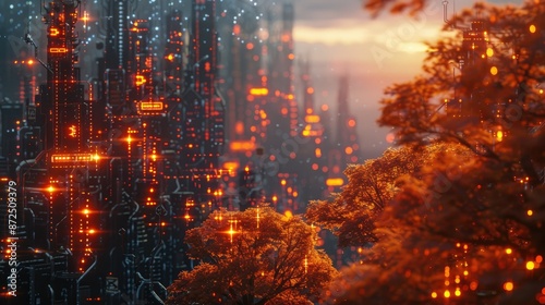 Futuristic Cityscape at Sunset with Advanced Technology and Autumn Foliage