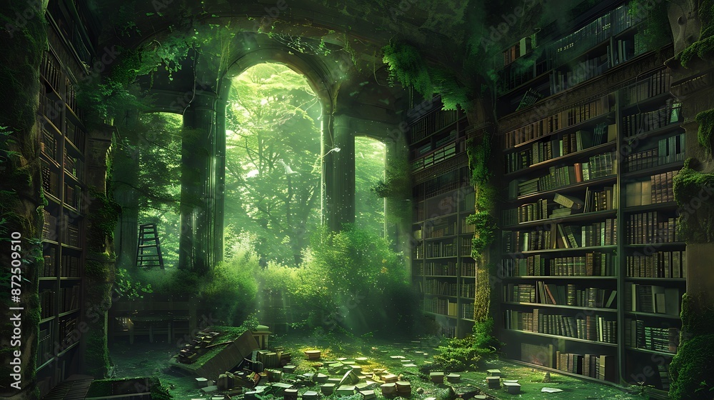 An ancient library nestled in the heart of an enchanted forest, filled with towering bookshelves and moss-covered books. The windows show a mystical green light that illuminates magical creatures An ancient library nestled in the heart of an enchanted forest, filled with towering bookshelves and moss-covered books. The windows show a mystical green light that illuminates magical creatures
