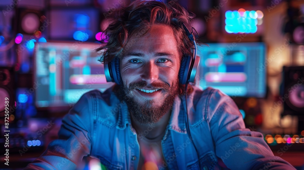 Smiling Bearded Man in a Creative Studio - Generative AI