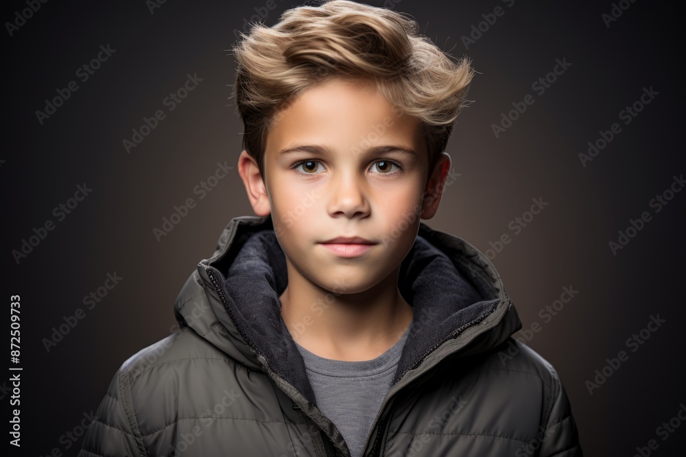 Portrait of a boy in a black down jacket. Studio shot. Portrait of a boy in a black down jacket. Studio shot.