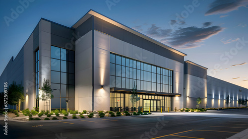 Nighttime view of the entrance to a state-of-the-art distribution warehouse, with a striking facade, glass doors, and minimalistic landscaping under ambient lighting © Pik_Lover