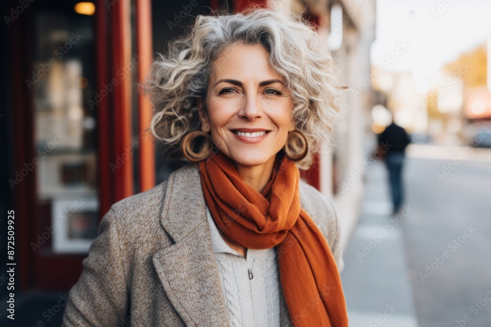 Portrait of a smiling middle-aged woman with curly hair in a coat and scarf on the street