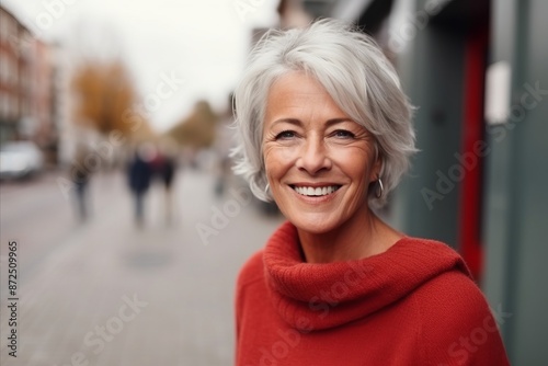 Portrait of a happy senior woman in a red coat walking on the street