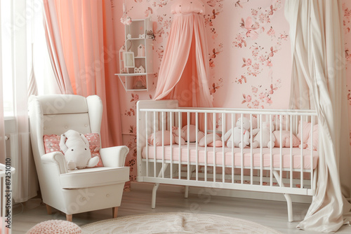 pink nursery with a canopy crib, a rocking chair, and a white bed. The room is decorated in pink and white colors