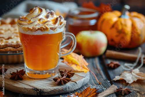 Cozy Autumn Lattes with Whipped Cream Amidst Fall Leaves and Pumpkins in Rustic Setting