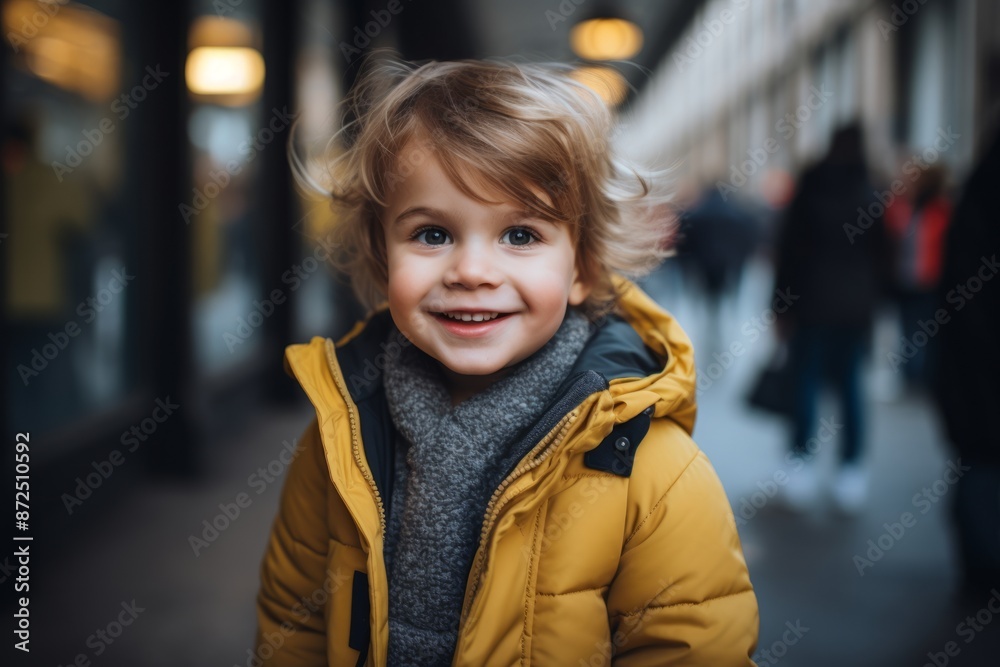Portrait of a smiling little boy in a yellow jacket in the city Portrait of a smiling little boy in a yellow jacket in the city