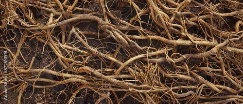 Panoramic close-up, high detail scan of fibrous roots material, Generative AI