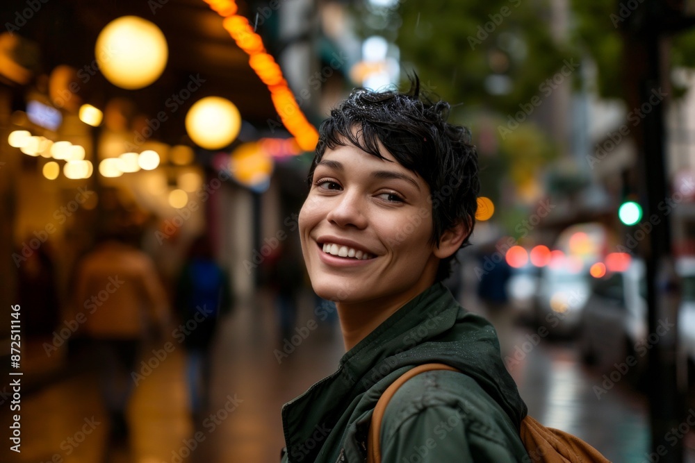 Portrait of a young Asian woman smiling at the camera in a city street Portrait of a young Asian woman smiling at the camera in a city street