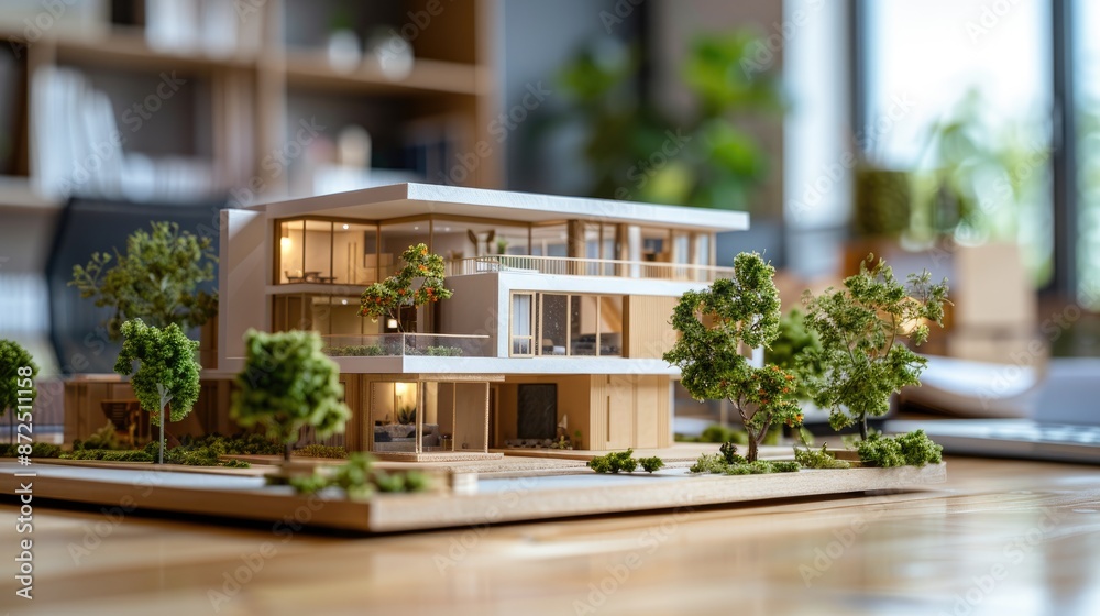 Fototapeta premium Modern house and eco-park paper models being designed, blurred office environment.