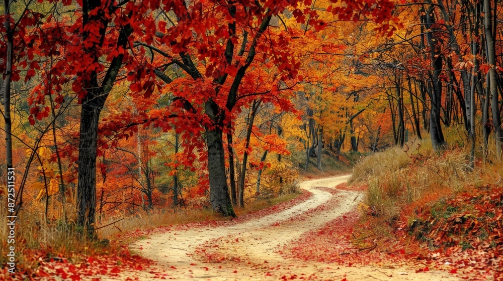 Naklejka premium Capture a peaceful forest path in autumn, with trees adorned in warm hues of red, orange, and yellow, and leaves gently falling to the ground.