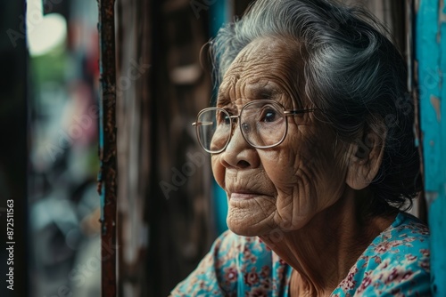 Portrait of an old Asian woman with glasses in the street. © Stocknterias