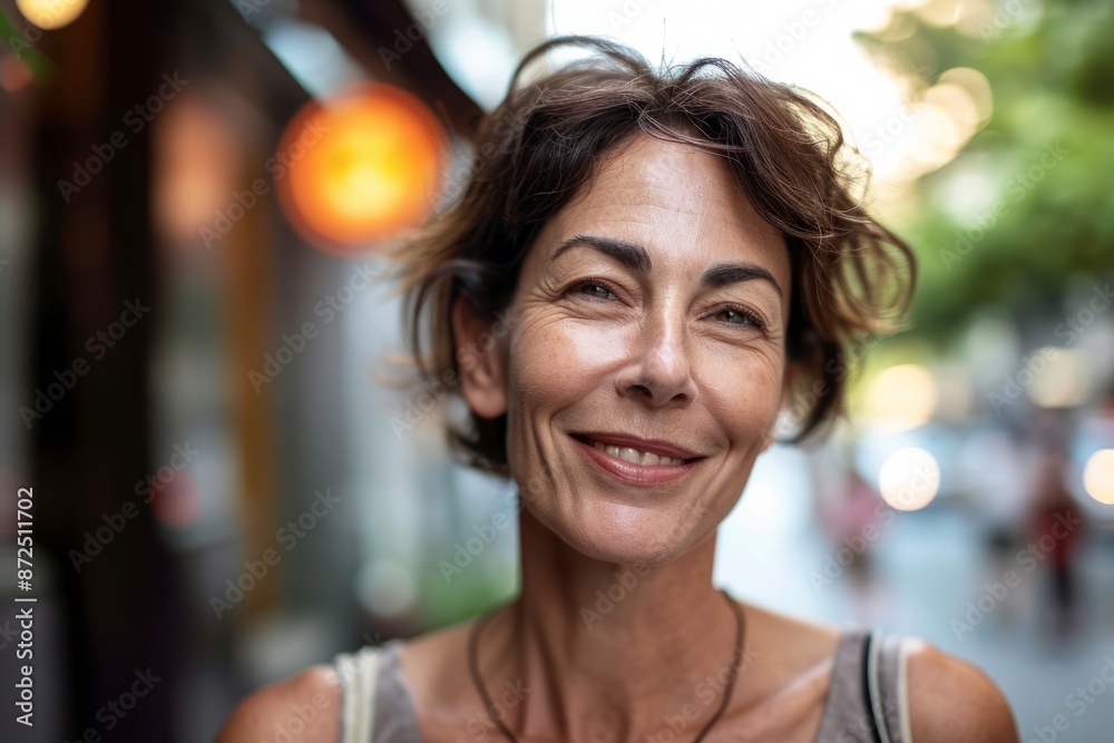 Portrait of smiling middle-aged woman in city. Focus on face Portrait of smiling middle-aged woman in city. Focus on face