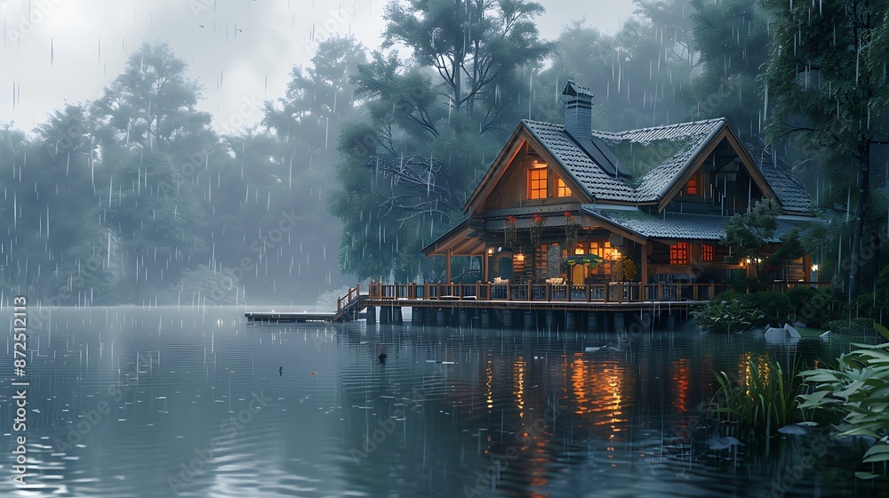 Fototapeta premium Peaceful Lakeside Cabin Retreat in the Misty Rain