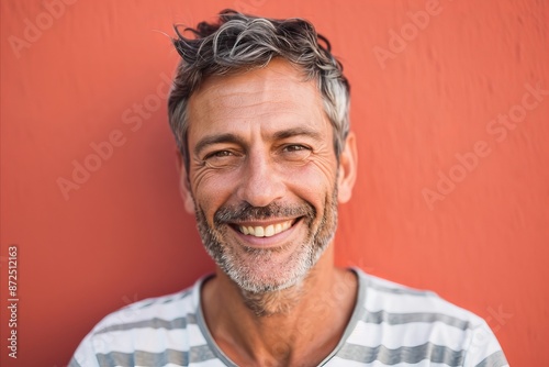 Portrait of handsome senior man with grey hair smiling at camera against red background