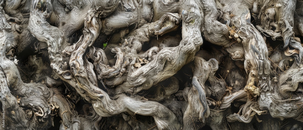 Panoramic close-up, high detail scan of twisted roots material, Generative AI Panoramic close-up, high detail scan of twisted roots material, Generative AI