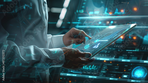 Dynamic business professional analyzing urgent data on tablet during stock market surge, capturing speed and accuracy of AI technology in real-time scenario, with energetic background and intense focu