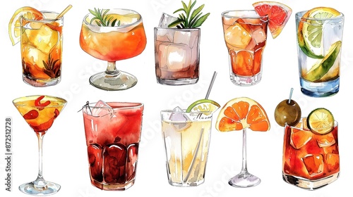 Alcohol Drinks Cocktail Set Watercolor Illustration, Isolated