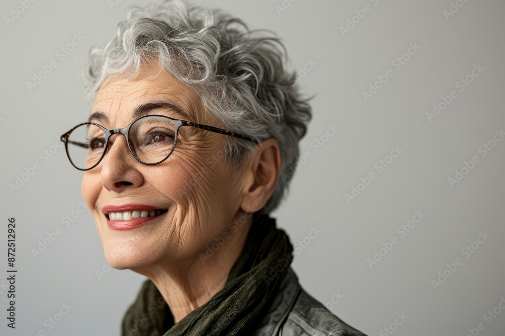 Portrait of happy senior woman in eyeglasses on grey background Portrait of happy senior woman in eyeglasses on grey background