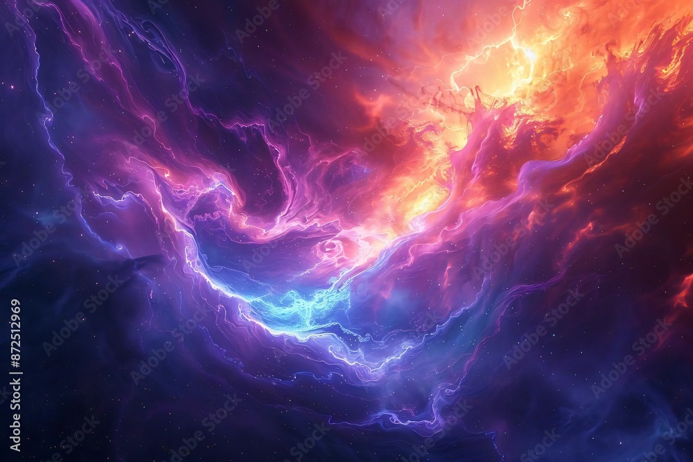 Vibrant cosmic nebula with bright colors and swirling patterns, capturing a stunning view of outer space with energetic waves and light. Vibrant cosmic nebula with bright colors and swirling patterns, capturing a stunning view of outer space with energetic waves and light.