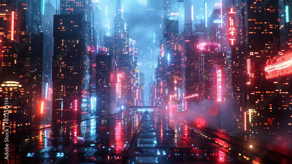 Fototapeta premium Futuristic cityscape with neon lights reflecting on wet streets, creating a cyberpunk atmosphere under a misty sky.