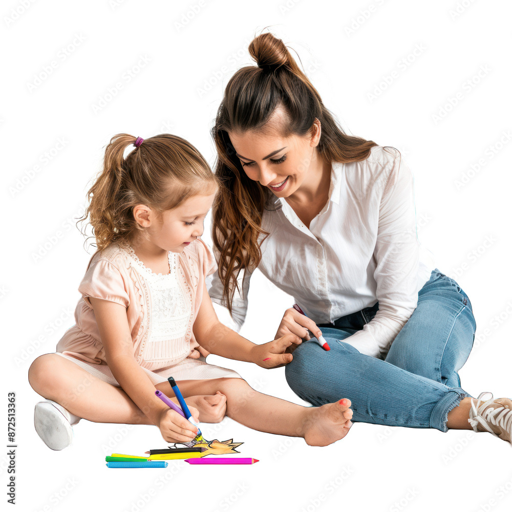mother and child painting together isolated on a White Background mother and child painting together isolated on a White Background