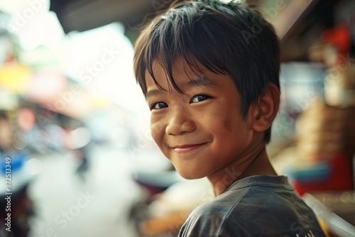 Portrait of asian boy smiling in the street, Thailand.