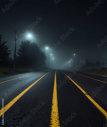 Enigmatic path concept. Asphalt road vanishing into foggy haze with highlighted center line. © MDSAYDUL