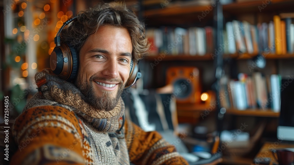 Portrait of a smiling man with headphones in a cozy room - Generative AI Portrait of a smiling man with headphones in a cozy room - Generative AI