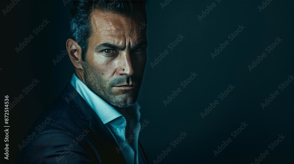 Capture a portrait of a man with a strong jawline and piercing eyes, wearing a dark suit, standing against a minimalist background, exuding an aura of authority and seriousness. Capture a portrait of a man with a strong jawline and piercing eyes, wearing a dark suit, standing against a minimalist background, exuding an aura of authority and seriousness.