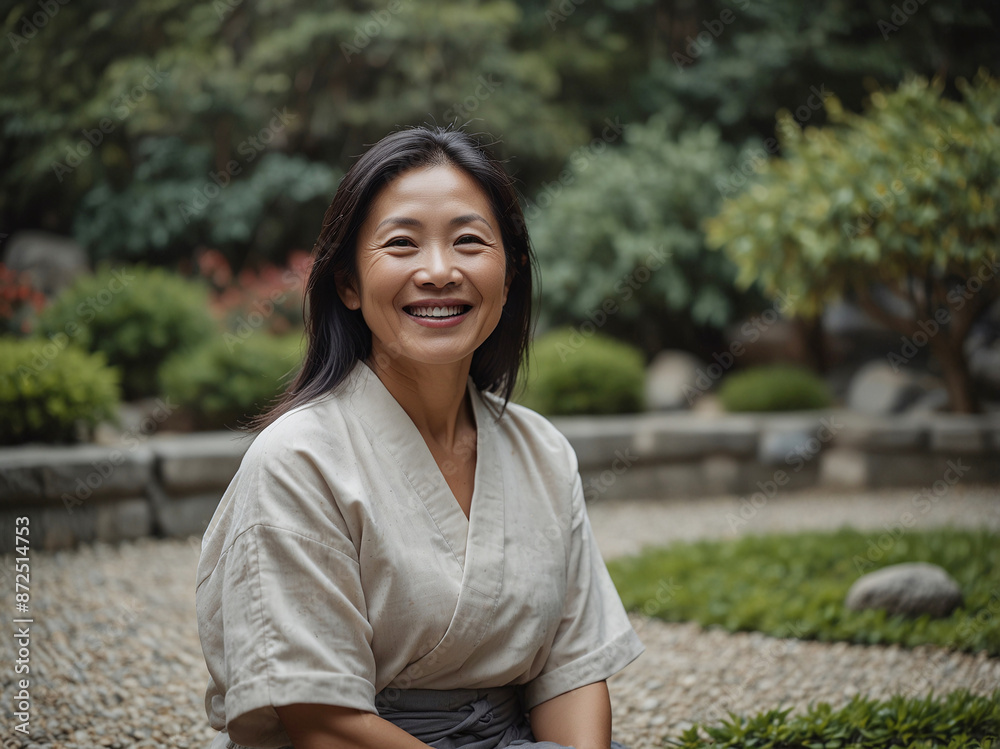 Portrait of a beautiful middle-aged Asian woman smiling in an outdoor garden. Nature and mental health concept. Portrait of a beautiful middle-aged Asian woman smiling in an outdoor garden. Nature and mental health concept.
