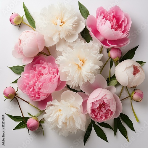 White background, pink and white peonies, peony buds, peonia flowers, peoni leaves, pink petals, white blooms, pink floral arrangement, white flower arrangement, in the style of peppermint flowers,