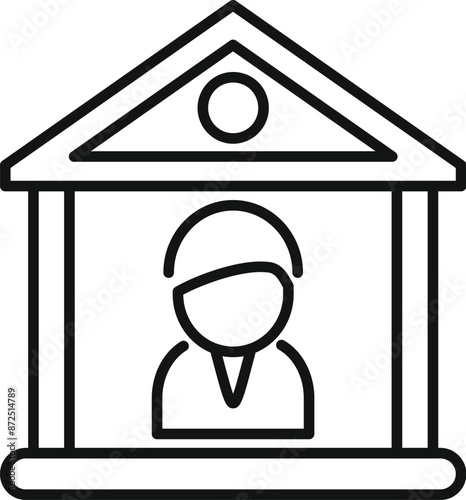 Bank teller is standing behind the counter inside a bank building in this simple line art icon