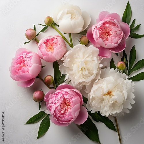 White background, pink and white peonies, peony buds, peonia flowers, peoni leaves, pink petals, white blooms, pink floral arrangement, white flower arrangement, in the style of peppermint flowers,